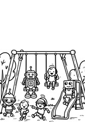 Obraz premium Robot Playground Fun. Coloring Book Page. Cartoon Illustration.