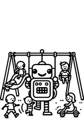 Robot Playground Fun. Coloring Book Page. Cartoon Illustration.