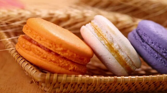 Multicolored macarons in a basket