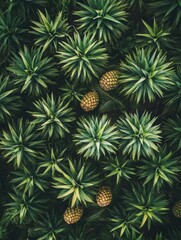 Obraz premium Neatly arranged pineapple plantation showcasing ripe fruit among sharp green leaves in a warm tropical setting
