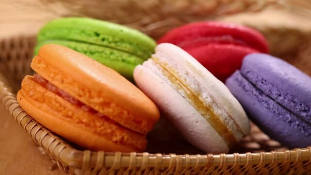 Multicolored macarons in a basket
