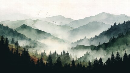Watercolor of landscape forest misty mountains horizon and fog and hills,pine tree fir tree,Autumn forest background,drawn by hand,Autumn illustration design elements for landscape,wallpaper.