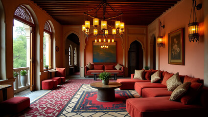 A lounge area with vibrant colors, intricate patterns, and ornate lanterns, capturing Moroccan design elements