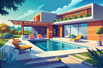 Fototapeta premium vector of Modern outdoor patio with swimming pool. Interior and exterior design of modern house