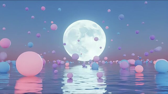 Floating Pastel Spheres Reflecting on Water with a Bright Full Moon