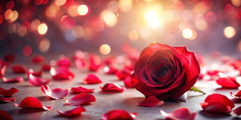 Red Rose Petals Falling on Abstract Floral Background &ndash; Romantic Greeting Card Design