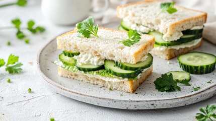 Fresh cucumber sandwich on plate with herbs garnishing during a bright afternoon setting