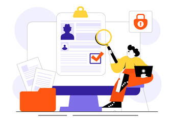 Criminal Checks Illustration Featuring Background Check for Recruitment, Criminal Record or Drug Test with Magnifier Inspecting Candidate Document
