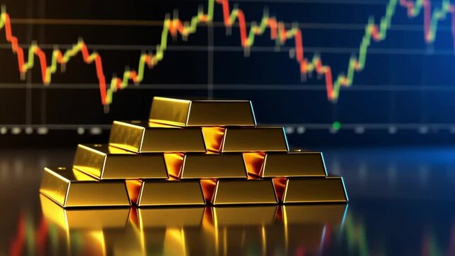 A stack of gold bars with a stock market graph in the background on a reflective surface