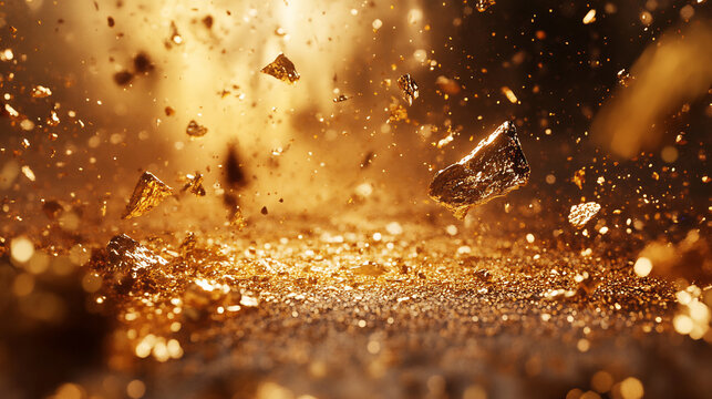 Flying gold particles and nuggets in golden dust explosion. Studio macro photography. Mining, energy, and precious material concept. Design for banner, poster, wallpaper