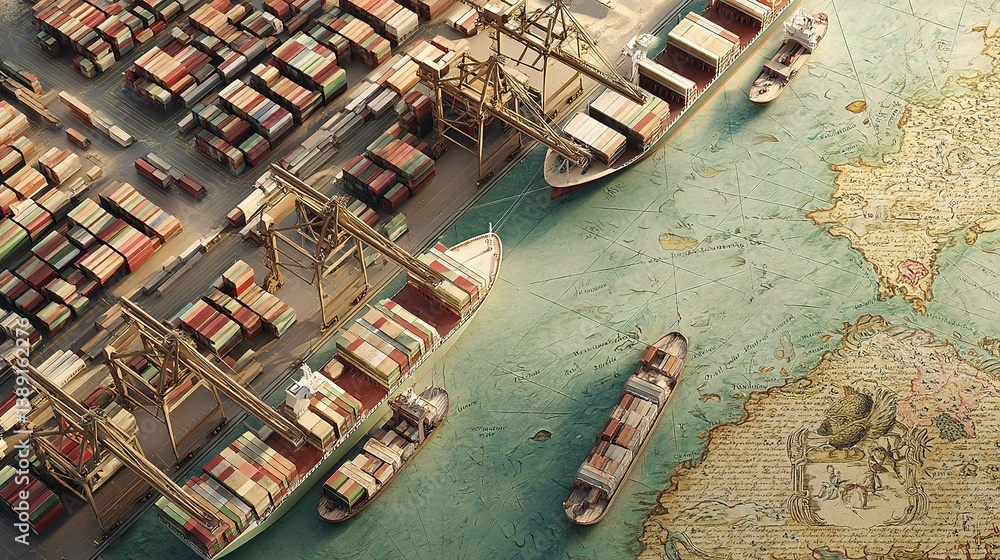 Poster modern shipping port blending with ancient map elements