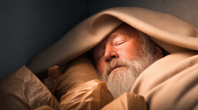 A serene elderly man sleeps peacefully under a warm blanket, surrounded by soft textures, evoking a sense of tranquility and comfort.