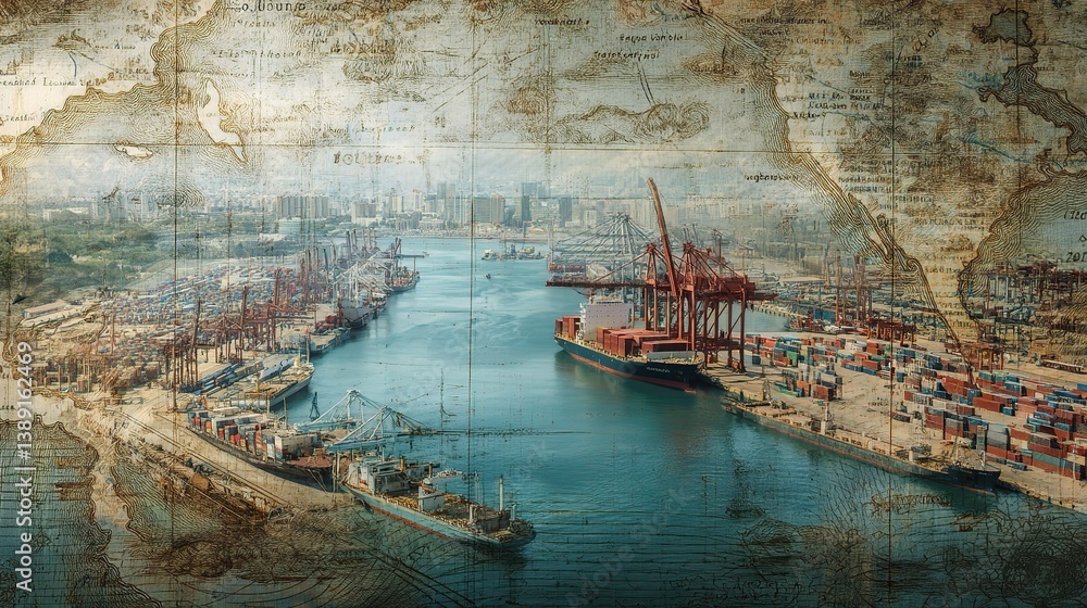 Poster modern shipping port blending with ancient map background