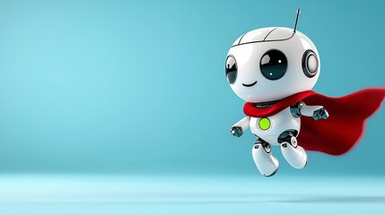 Cute cartoon robot with a cape flying against a blue background