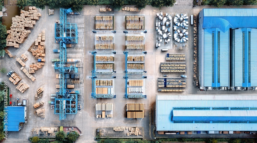 Poster aerial view of logistic distribution center with organized layout