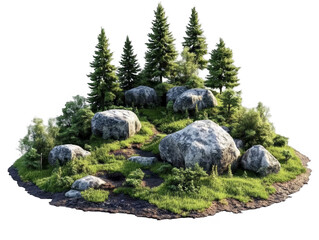 Isolated 3D Illustration of Forest Scene with Green Trees and Rocks