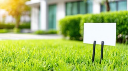 A blank sign stands on green grass outside a modern building, surrounded by bushes, capturing a serene outdoor setting.