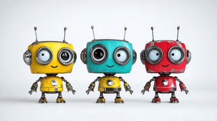 Obraz premium Three Colorful Cartoon Robots with Happy Expressions on White Background