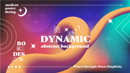 Grain textured cool gradient background with geometric shapes. Fluid holographic gradient poster for wall art or social media cover. Modern wallpaper design template, brutalism inspired. Vector