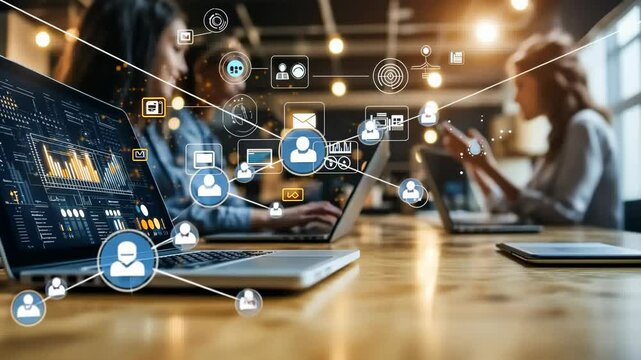 A dynamic image showcasing connected workspace with laptops displaying visual data. Two individuals are collaborating on shared project, connected through data visualizations , digital communication. - Powered by Adobe