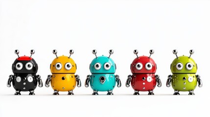 Obraz premium Colorful Robot Toys in a Row with Unique Features and Expressions