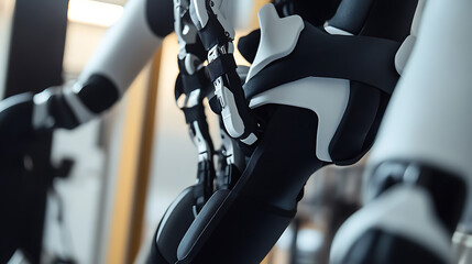 A robotic arm assembling an AI powered exoskeleton for physical rehabilitation, in a cutting-edge medical technology lab with real-time muscle feedback, Biomedical innovation style