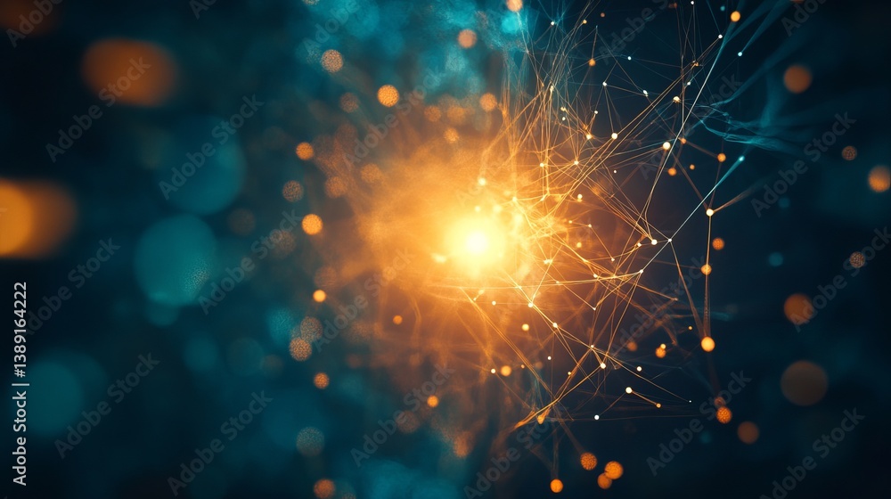 Poster abstract network with glowing center and connected lines on a dark teal and orange background