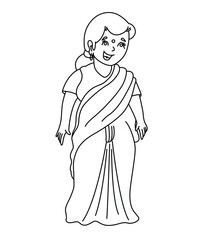 Cute cartoon hand drawn vector Indian beautiful lady in Sharee coloring page.