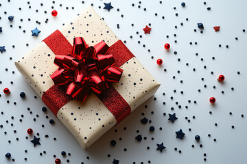 Obraz premium A beautifully wrapped gift box decorated with a red bow, surrounded by festive confetti in vibrant colors.