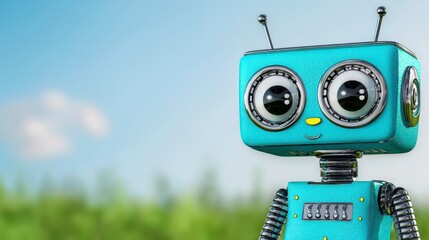 Fototapeta premium Cute Retro Robot Character with Big Eyes and Playful Expression