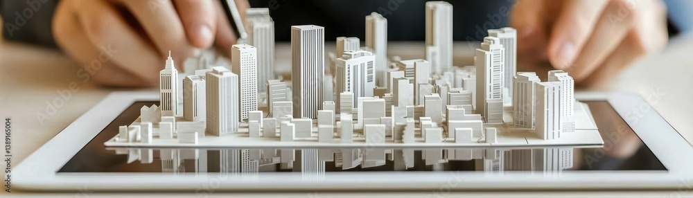 Poster a person manipulates a 3d city model displayed on a tablet, showcasing modern architecture and digit