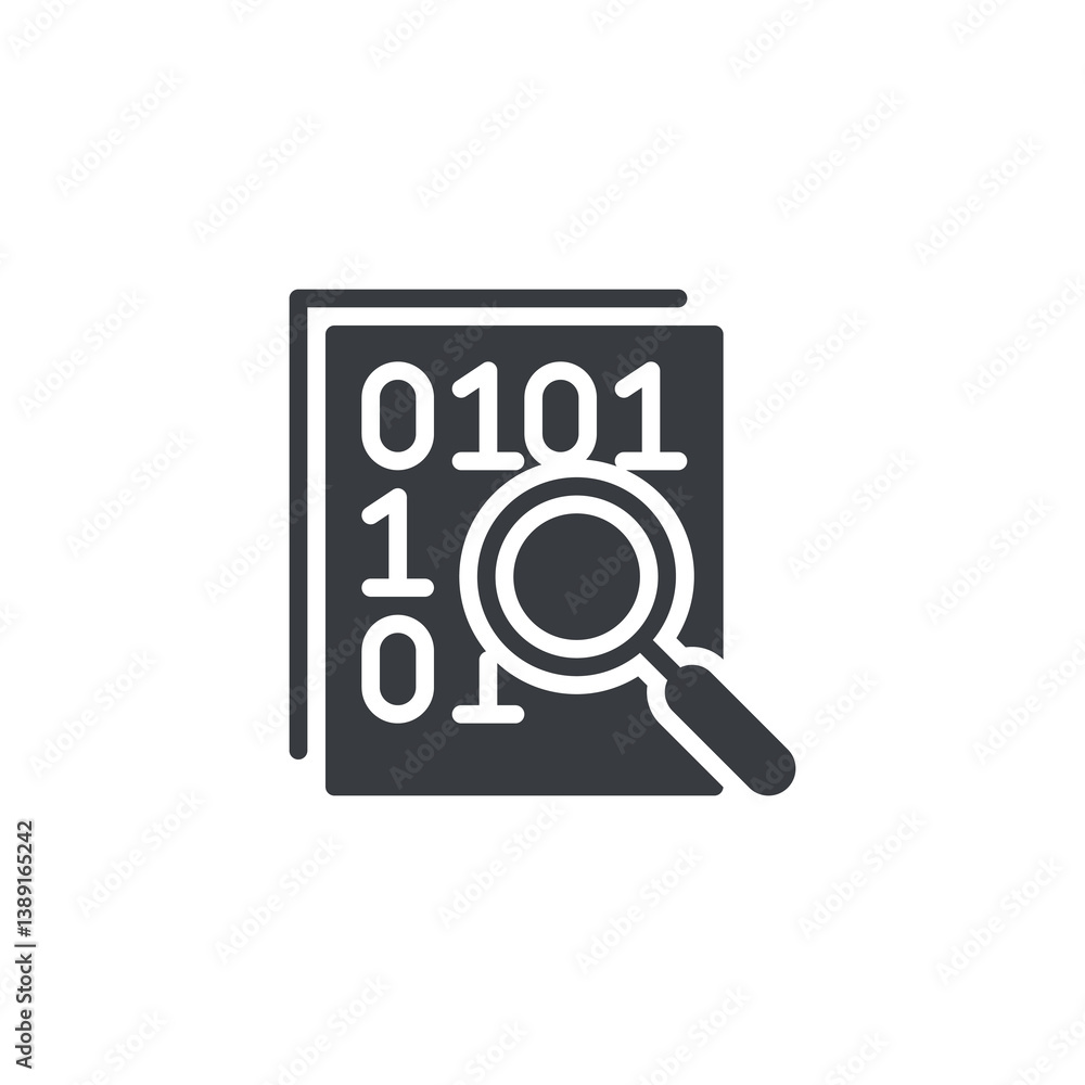 Poster document with a magnifying glass and binary code vector icon