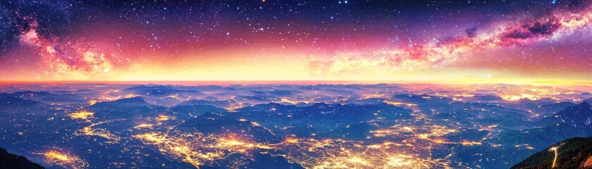 A breathtaking panoramic view of a starry sky over a vibrant landscape, illuminated by city lights and surrounded by mountains.