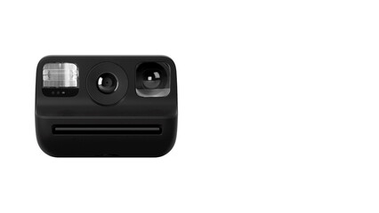 Front view closeup of black instant photographic camera on white copy-space background.
