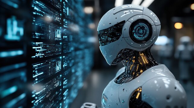 Advanced robot analyzing data wall in server room