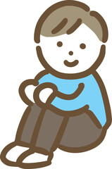 体育座りしている笑顔＆私服の若い男性(全身)