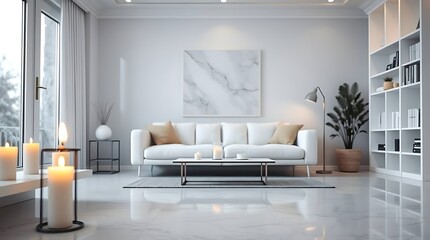 Modern Cozy minimalist living room design with a white sofa,book shelf,  open layout, Scandinavian living style, open-concept living, minimalist design.Luxurious hotel room apartment