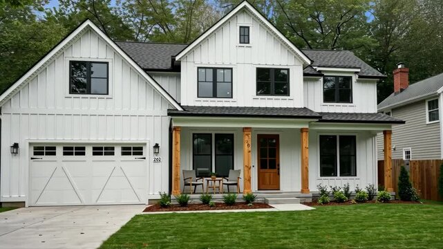 Exterior view of a two story white farmhouse style home with a garage and front porch area