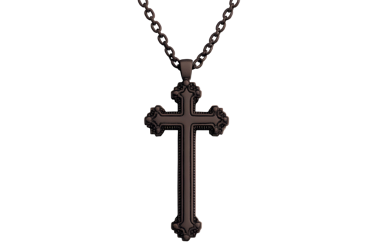 Dark Metallic 3D Render Cross Pendant Jewelry Isolated On Black Background