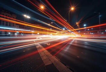 Fototapeta premium Nighttime city street illuminated by colorful light trails from vehicles