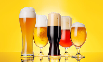 An assortment of beer glasses filled with different types of beer, on a yellow background