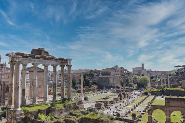 Panoramic view of the roman forum with the temple of castor and pollux in the foreground,...