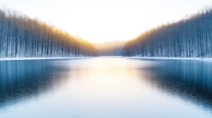 Fototapeta premium A serene lake reflects snow-covered trees at sunrise. The composition is symmetrical, with the trees lining either shore. The image is high-resolution, showcasing detail in the water and trees. The s