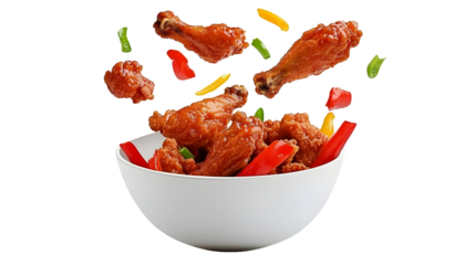 Delicious Fried Chicken Wings In A White Bowl With Colorful Peppers Photo