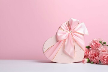 Happy Mother's Day. Beautiful bouquet of pink carnations with gift box 