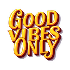 Typographic design “Good Vibes Only” in bold 3D-retro style lettering with sunny color palette, isolated on transparent background.