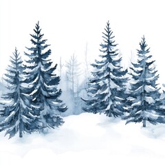Watercolor painting depicting a winter forest scene with snow covered trees