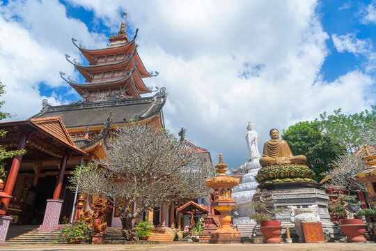 Buu Minh Pagoda in Bien Ho, Gia Lai, Vietnam - an ancient pagoda with Japanese architectural style located among lush green tea gardens - a place that attracts many tourists when coming to Pleiku