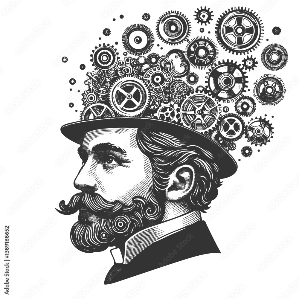 Poster victorian man with gears and cogs flowing from his head, symbolizing invention and imagination sketc