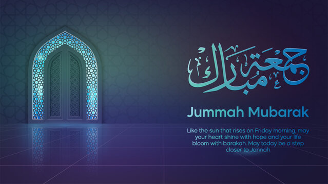 Blessed Friday Jumma Mubarak Islamic Art – Glow Mosque Door, Calligraphy and Ornamental Background